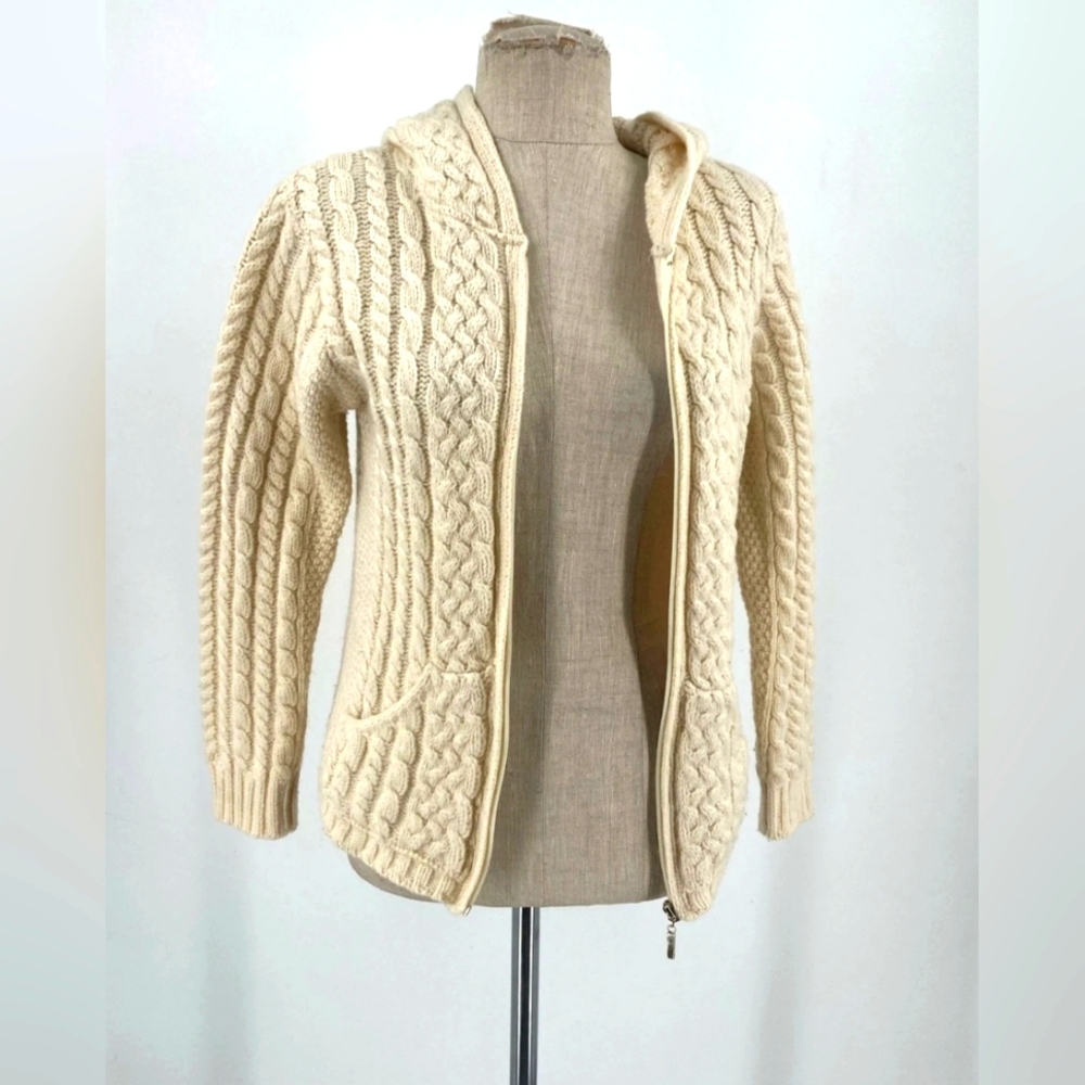 Inis Crafts Designer Cable Knit Wool Cardigan Hood Zip Sweater Coat Jacket Small